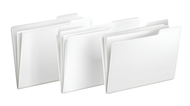 Three white file folders, stacked in a row, showing the tabs and folded paper
