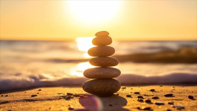 Stones balanced on beach at sunrise