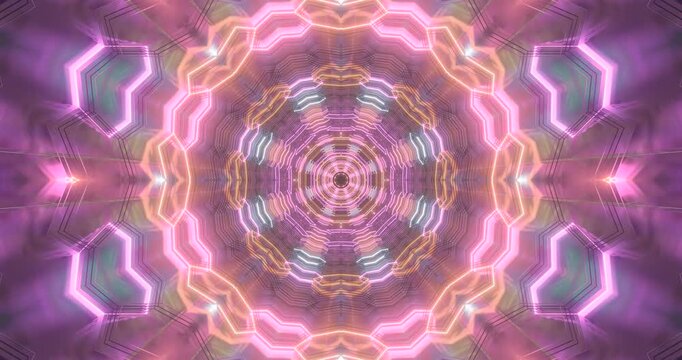 Abstract illustration featuring glowing concentric neon shapes in soft pink and lavender tones