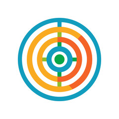 Abstract concentric circles with a target bullseye in the center featuring blue orange and green segments against a black background representing focus strategy and goals
