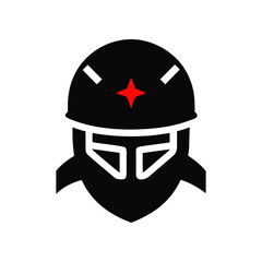 Stylized silhouette of a soldier wearing a helmet with a red star emblem and a protective face mask isolated on a black background representing military strength and national pride