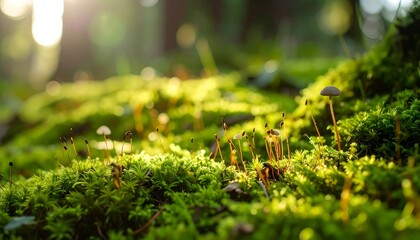 Sunlit forest floor covered in moss and small fungi