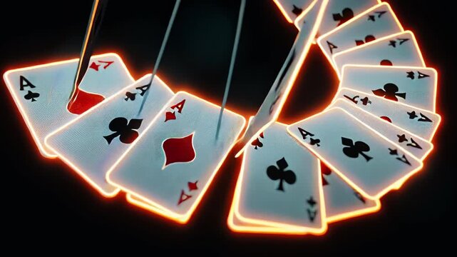 Glowing playing card neon abstract spiral black background casino game vibrant digital art dynamic movement with illuminated aces spade heart club diamond swirling captivating pattern, creating