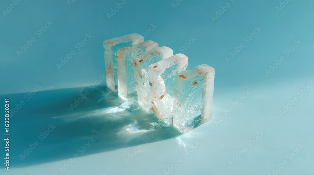 Poster translucent blocks create intriguing reflections on soft blue ba