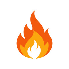 A stylized simple graphic illustration of a bright orange and yellow flame with a black background representing fire heat energy and passion in a clean modern design