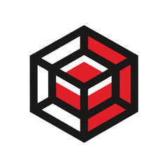 Abstract geometric cube design with bold black lines and vibrant red interior panels creating a modern and dynamic visual representation of structure and innovation