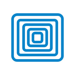 Abstract geometric design featuring concentric rounded squares in vibrant blue against a stark black background creating a sense of depth and focus