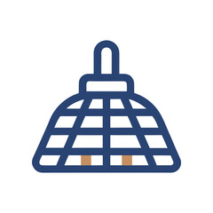 A stylized flat design icon of a blue industrial cage lamp shade with a simple loop for hanging isolated on a black background representing lighting and design elements