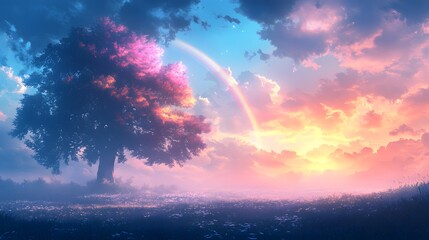 Fototapeta premium A solitary tree stands in a field, bathed in the soft light of a pastel sunrise, with a vibrant rainbow arched across a sky full of clouds.
