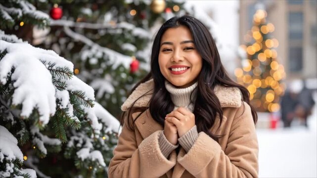 Woman smiling outdoors snowy day