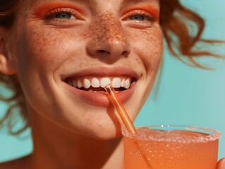 Close up portrait of a cheerful young woman with freckles and bright orange makeup enjoying a refreshing orange juice on a vibrant turquoise background. Celebrating summer vibes and healthy lifestyle