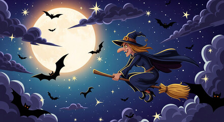 Halloween witch flying across moonlit night illustration