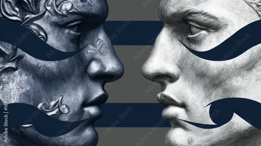 Poster Two intricately detailed classical faces in contrasting styles are depicted side by side, highlighted against a textured background in a modern art space.