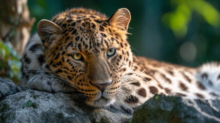 Fototapeta premium Leopard with golden eyes peacefully resting on rocky surface, close-up wildlife portrait in natural forest light
