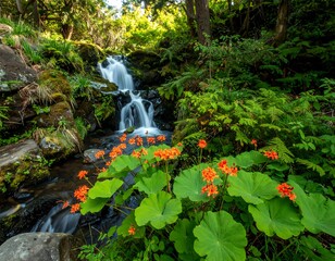 Lush waterfall cascading through a mossy forest, vibrant orange flowers foreground