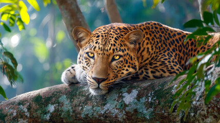 Obraz premium Mighty golden eyed leopard gracefully resting on tree branch in mossy jungle, wild predator in natural habitat of tropical forest