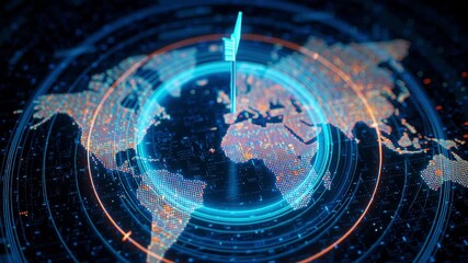 Digital world map glowing arrow data technology global network futuristic blue innovation abstract connection modern target visualization business strategy success cyber communication concept