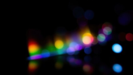 Blurred rainbow refraction overlay effect. Light lens prism effect on black background. Holographic reflection, crystal flare leak shadow overlay. Colorful rainbow disco ball light