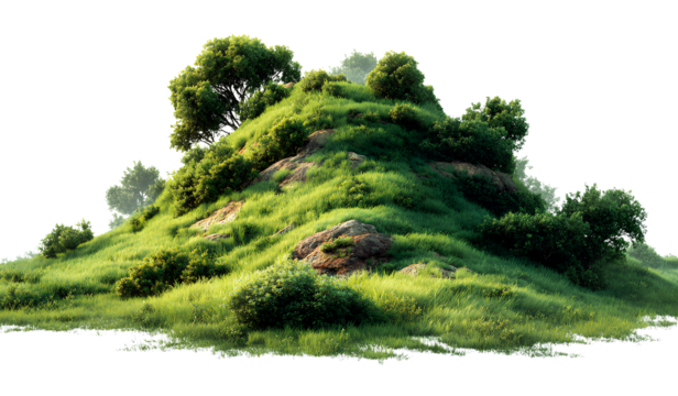  a realistic photograph of a small grassy hill with bushes on a transparent background - Powered by Adobe