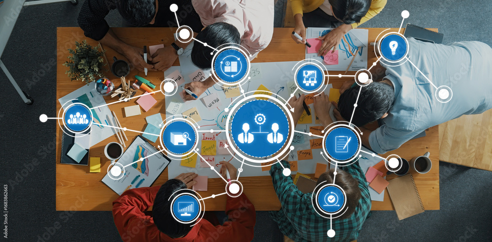 Aufkleber a vibrant team collaborates in a creative brainstorming session using visual tools, colorful notes, 
