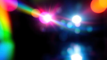 Blurred rainbow refraction overlay effect. Light lens prism effect on black background. Holographic reflection, crystal flare leak shadow overlay. Colorful rainbow disco ball light