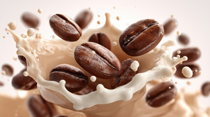 Fototapeta premium Close up of fresh roasted coffee beans with liquid splash
