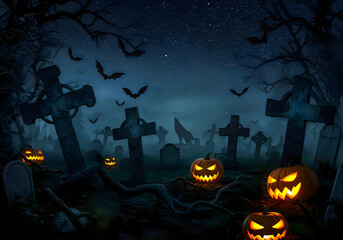 Fototapeta premium Spooky halloween graveyard scene with glowing jack o lanterns and flying bats under a starry night sky