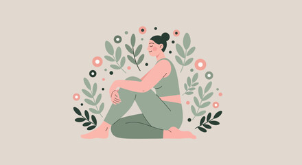 Fototapeta premium Woman sitting peacefully surrounded by plants and flowers, representing wellness, mindfulness, and connection with nature