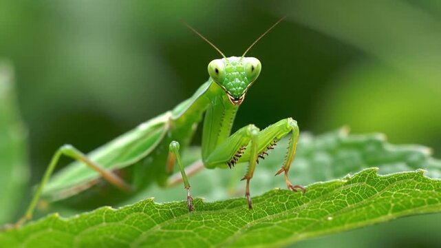 Detailed Macro Video of a Green Praying Mantis on a Leaf.
