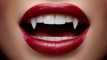 Obraz premium Female vampire fangs with red lips.