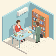 Two men having a meeting in an office with a desk, bookshelf, and laptop