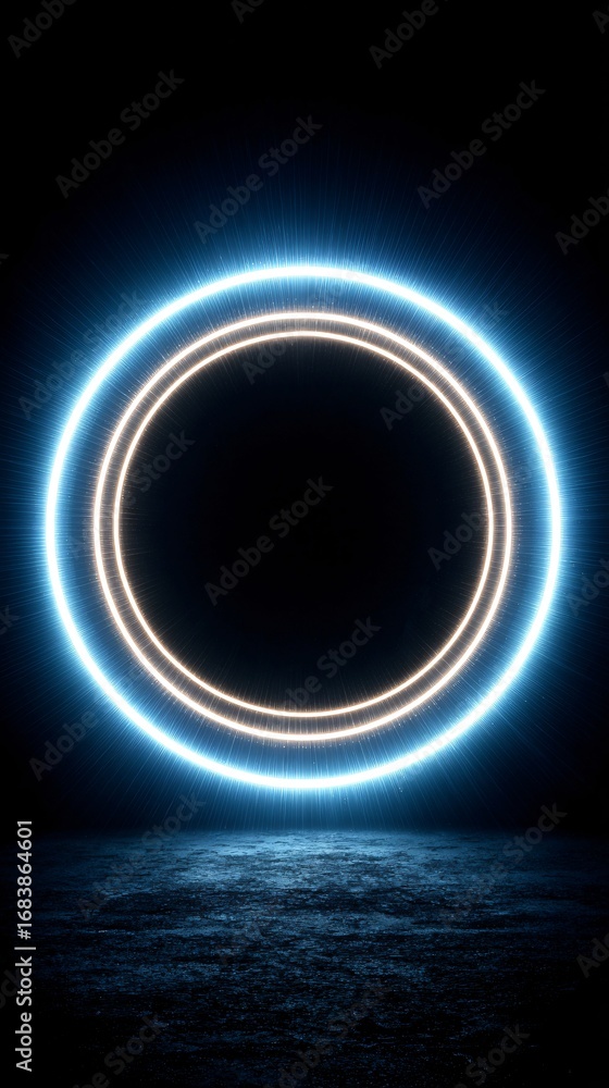 Poster a glowing neon ring with a sparkling effect on a dark, textured surface, creating a futuristic and a