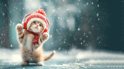 A charming kitten dressed in a winter hat and headphones is ready for the holiday! A perfect image for New Year's cards, animal product advertisements, and children's projects