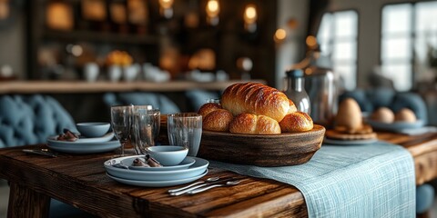 Freshly baked bread on a rustic dining table setting, perfect for breakfast or brunch