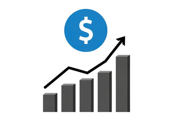 Blue dollar coin symbol above growing bar chart representing financial growth and success isolated on transparent background
