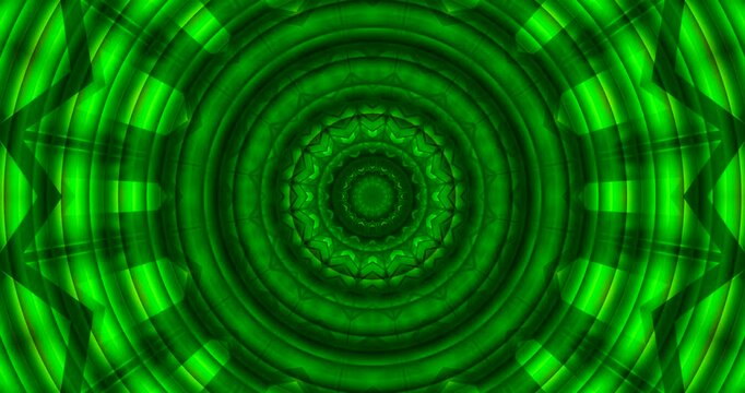 Abstract symmetrical artwork in rich green tones, forming a layered mandala-like radial pattern