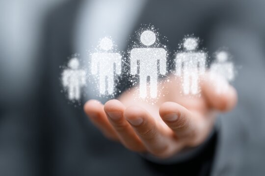 Businessman is holding virtual human resources icons in his hand, symbolizing personnel management and client relationships