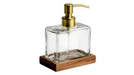 Clear glass soap dispenser with brass top and wooden base (1)