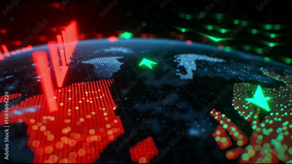 Poster digital world map stock market chart with red and green arrows, financial data visualization showing