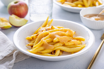 Potato dumplings with apple puree, sweet German Schupfnudeln