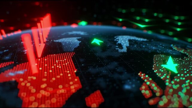 Digital world map stock market chart with red and green arrows, financial data visualization showing global economic trends, futuristic technology, investment trading, dynamic market movement - Powered by Adobe