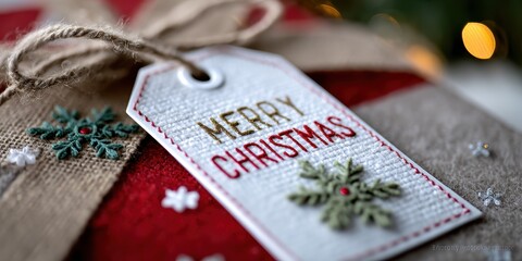 festive scrapbooking, pixelated merry christmas gift tag arranged with textured paper, glitter, pixel snowflakes, and stitched felt edges in a festive holiday layout with twinkling lights