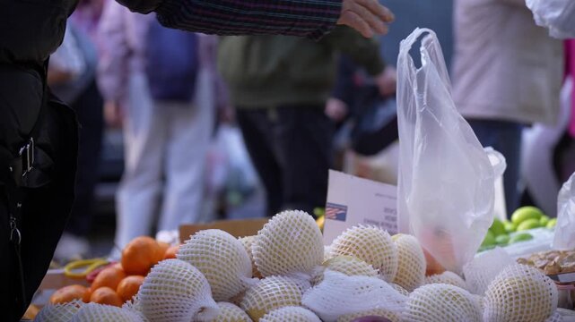 Fresh melons oranges and other fruits displayed on a market stall in a bustling vegetable market