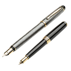 Naklejka premium Two elegant pens, a textured silver fountain pen and a black rollerball pen