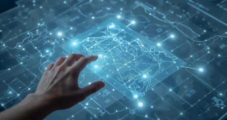 Approaching hand touching node activating map in virtual space, sliding to pan and pinching zoom - Powered by Adobe