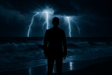 Businessman silhouette standing on beach confronting storm with lightning strikes symbolizing challenge risk leadership strength and determination