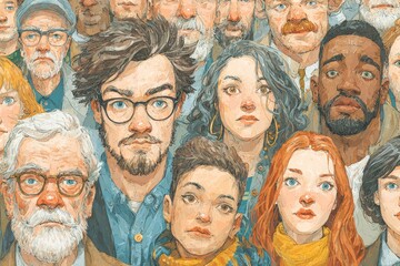 Diverse group of individuals, representing various ages, ethnicities, and genders, looks towards a shared point of interest
