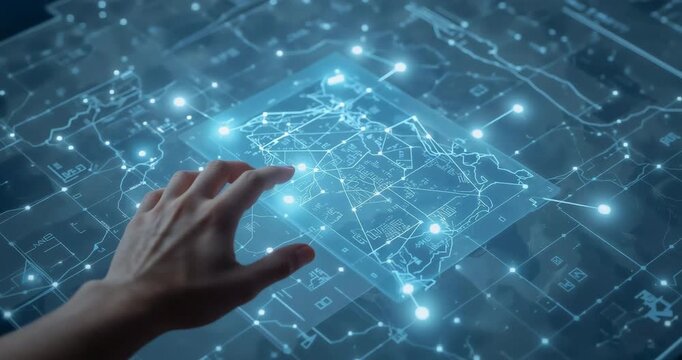 Approaching hand touching node activating map in virtual space, sliding to pan and pinching zoom