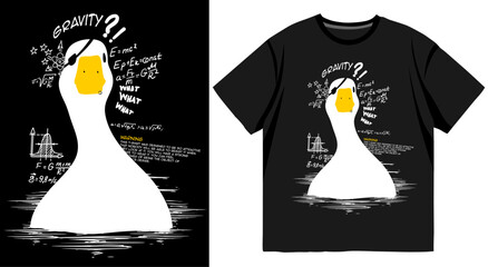 Trendy black t-shirt featuring white goose illustration with yellow beak and abstract handwritten typography graphic design © MDSHARIF