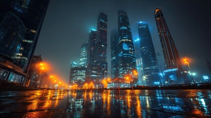 Obraz premium Night cityscape with reflections and illuminated skyscrapers